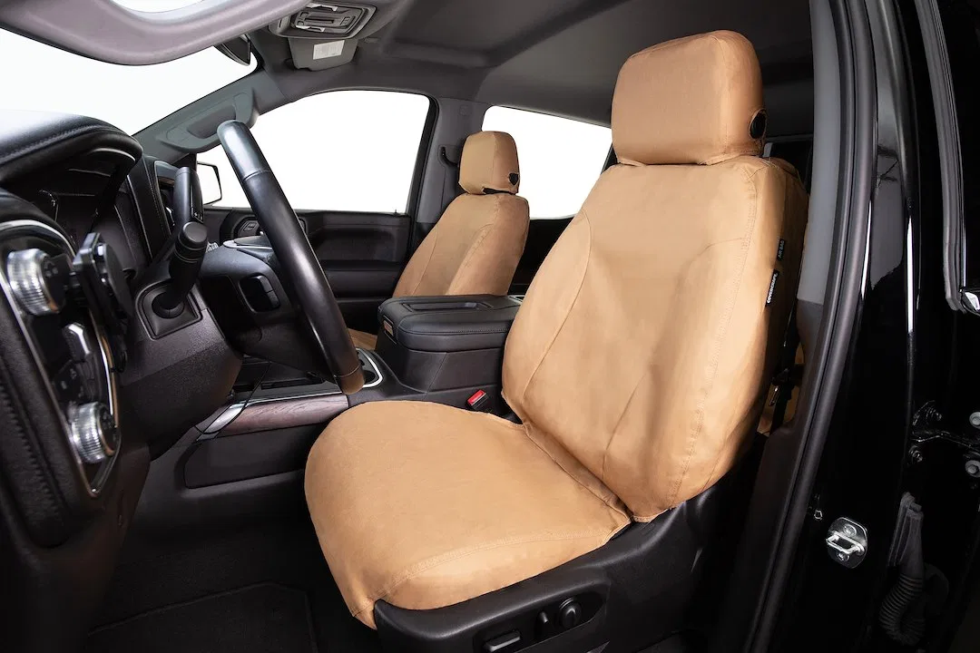 SS6348PCTN – COVERCRAFT Seat Cover, Seat Style V - Solid Bench And Back Without Headrest Polycotton Tan For One Row